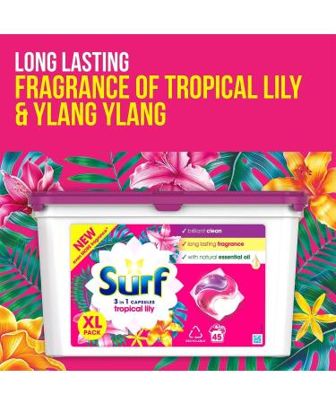Surf 3-in-1 Tropical Lily Washing Detergent Capsules Brilliant Clean Long Lasting Fragrance and Made with Natural Essential Oil Laundry Detergent XL Pack 45 Washes (Buy 2) Tropical Lily 800 g (Pack of 1) - Buy Online on GoSupps.com