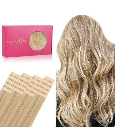 If -alife tape extensions real hair 20pcs 60g 65cm 26 inch light blonde highlights gold blonde Remy invisible tape extensions silky straight real hair extensions skin weft tape in 65cm #16/21 light blonde highlights gold blonde