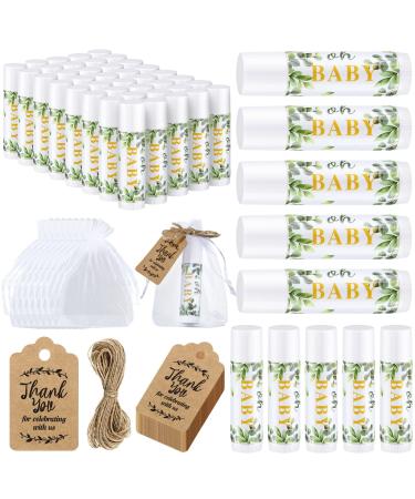 50 Pcs Baby Shower Lip Balm Gift Set Souvenirs with 100 Pcs Organza Bags Thank You Tags 20 Meters Rope Baby Shower Party Favor for Guest Kids Gender Reveal Neutral Party Supplies (Floral)