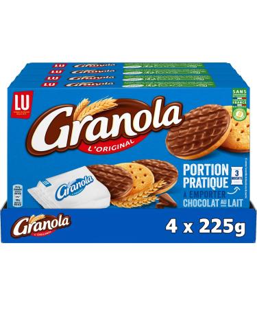 LU GRANOLA - 4 Boxes of Granola Biscuits Topped with Milk Chocolate - Pocket Size Family Pack - Lot of Chocolate Biscuits - Ideal for Snacks - Made in France - Pack of 4x225g