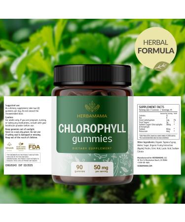 HERBAMAMA Chlorophyll Detox Gummies - 50mg Sodium Copper Chlorophyllin Internal Deodorant for Body Odor Support - Vegan Non-GMO Antioxidant Supplement - 90 Pectin-Based Apple-Flavored Chews - Buy Online on GoSupps.com
