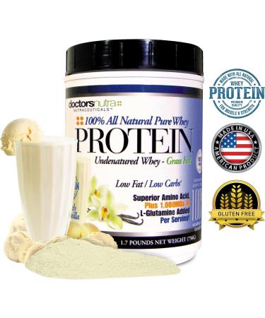 Pure 100% Undenatured Grass Fed Whey Protein | Doctors Nutra | Low Carb Low Fat | Rich Vanilla Flavor | No Artificial Ingredients | 1000mg L-Glutamine - International Shipping - Buy Online on GoSupps.com