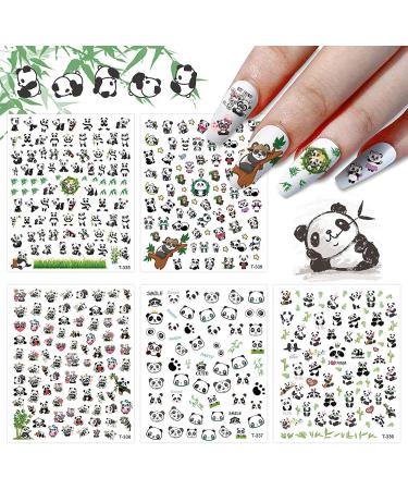 EBANKU 5 Sheets Panda Nail Art Stickers, 3D Cute Pandas with Bamboos Flowers Nail Art Stickers Decals for Nail Design Manicure DIY Decor Kids Scrapbook Crafts 3.1x3.9 Inch (Pack of 5)