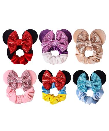 SHURIL Hair Scrunchies 6 Pcs Mouse Ear Scrunchies Sparkle Sequins Mouse Hair Bands Soft Velvet Ponytail Holders Elastic Rubber Bands Cute Bow Hair Ties For Thin Or Thick Hairs For Women Girls Adult Kids Christmas Party D...