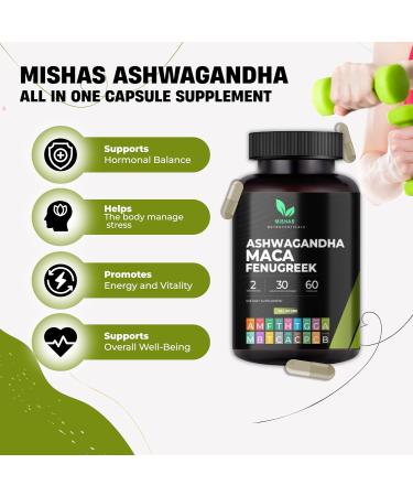 Mishas Nutraceuticals Ashwagandha, Maca Root, Fenugreek Supplement with Ginseng Supports Stress Relief, Mood Balance & Thyroid Health 60 Capsules 60 Count (Pack of 1) - Buy Online on GoSupps.com