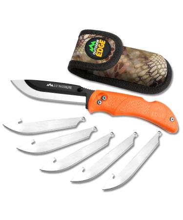 Outdoor Edge RazorLite - Replaceable Blade Folding Hunting Knife with Rubberized Nonslip TPR Handle and Camo Nylon Belt Sheath (Orange, 6 Blades)