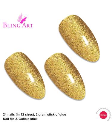 Shop Bling Art Gold Gel False Nails - Stiletto Almond 24 Long Artificial Nails with Glue for Perfect Manicure - Buy Online on GoSupps.com