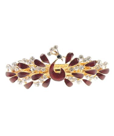Womens Girls Crystal Rhinestone Diamante Wedding Birthday Party Evening Ponytail Fine Medium Hair Accessories Occasion Barrette Hairpin Grip French Spring Clip Metal Enamel Peacock Bird Feathers (Red)