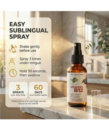 Inerth Naturals Liposomal Vitamin B12 Sublingual Spray 1000 mcg Methylcobalamin | Fast Absorbing Energy Support | Plant Based Non GMO Vegan | 60 Day Supply - Buy Online on GoSupps.com
