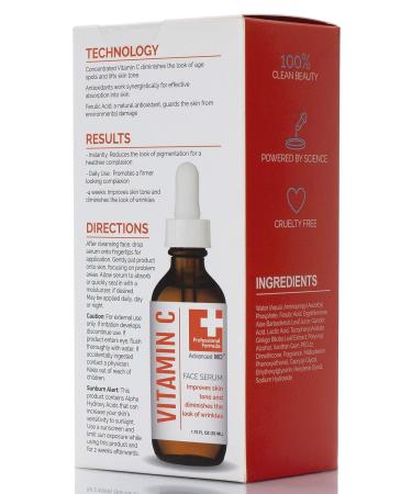 Advanced MD Vitamin C Brightening Face Serum - Diminish Age Spots & Lift Skin Tone - Concentrated Formula with Ferulic Acid & Antioxidants - Buy Online on GoSupps.com