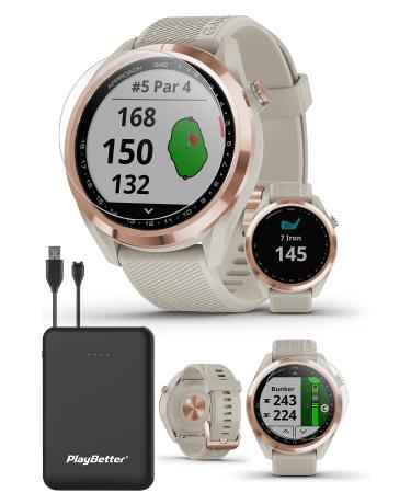 Garmin Approach S42 (Rose Gold/Light Sand) Womens Golf GPS Watch | Golfer's Bundle with Portable Charger & HD Tempered Glass Screen Protectors | 42,000+ Courses, Green View True Shape & F/M/B Yardage +Charger & Screen Protector Bundle Rose Gold/Light Sand
