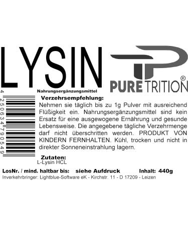 PureTrition 440g L-Lysine Powder - 100% Pure Lysine HCL No Additives - International Shipping - Buy Online on GoSupps.com