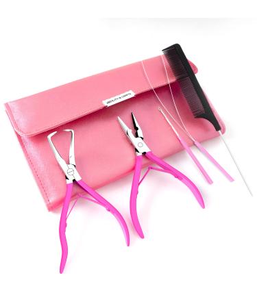 Beauty & Crafts Hair Extension Tools- Stainless Steel Pliers Set for Micro Beads- 1 Crochet Needle 1 Pulling Hook with Tail Comb- Micro Links Tool Kit with Leather Pouch- (Pink)