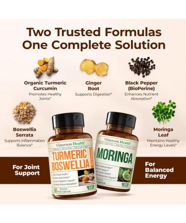 Boswellia Turmeric Curcumin Supplement + Moringa Capsules Bundle Supports Joint Health Balanced Energy & Healthy Metabolism with Ginger Root Organic Turmeric Powder and 100% Pure Moringa Powder - Buy Online on GoSupps.com