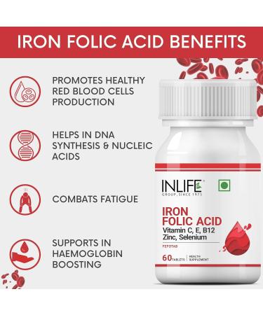 INLIFE Chelated Iron Folic Acid Supplement with Vitamin C E B12 Zinc & Selenium - 60 Tablets - Buy Online on GoSupps.com