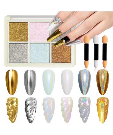 MIZHSE Pearl Chrome Nail Powder for Nails Iridescent Mermaid Glitter Powder  Holographic Solid Pigment Aurora Gold Silver Mirror Powder Nail Art(6 in 1) Nail powder 004