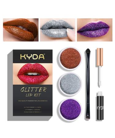 KYDA 3 Colors Glitter Lip Kit Diamond Metllic High Pigmented Powder for Lips Cosmetics Glitter Lips Makeup with Lip Primer and Brush Long Wear by Ownest Beauty-Set C