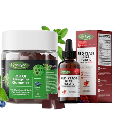 Oregano Oil with Black Seed Oil Organic Gummies for Kids and Adults | 6-in-1 Oregano Oil Supplement Red Yeast Rice with CoQ10 Liquid Drops 1200mg Red Rice Yeast Extract for Cholesterol Health