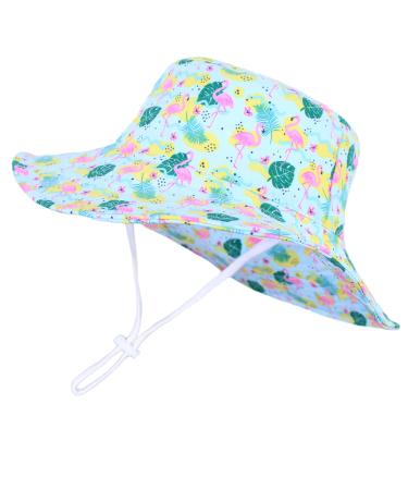 LANGZHEN Beach Sun Protection Hat for Baby Girls Adjustable Toddler Kids Hat Wide Brim Summer Play Hat with Chin Strap Flamingo-Leaves 1-2 Years