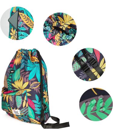 WANDF Drawstring Backpack - Water Resistant Nylon Sackpack for Gym, Shopping, Sport - Leaf Blue - Buy Online on GoSupps.com