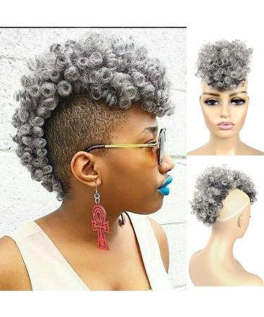 Afro Puff Mohawk Ponytail with Bangs Jerry Curly Non Drawstring Synthetic Fauxhawks Afro Puff Bun Ponytail Short Afro Kinky Curly Hair Bun Warp Hair Extensions with 6BB Clips in UAmy hair T1B/Gray Mohawk 4x11 T1B/Gray Gray