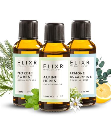 Elixr-3 Set Sauna infusion Alpine Herbs Nordic Forest & Lemon Eucalyptus-Sauna infusion agent for sauna infusions-sauna air as a perfect sauna gift (3x50 ml) 3-er set (alpine nordic lemon & eucalyptus)