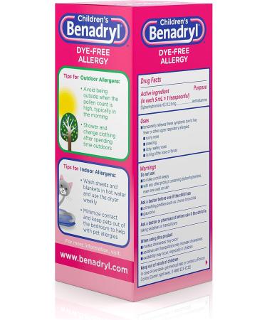 Children's Benadryl Antihistamine Allergy Relief Liquid - Dye-Free, Bubble Gum Flavored - 4 Oz - Buy Online on GoSupps.com