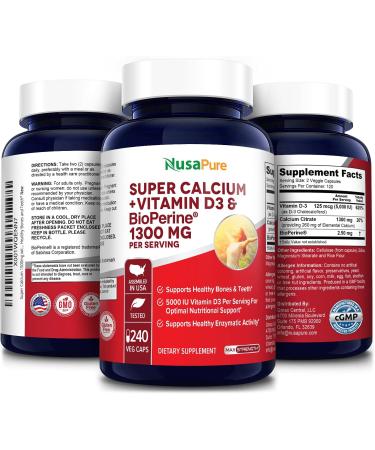 NusaPure Super Calcium 1300mg with Vitamin D3 & Bioperine | 240 Veggie Caps | Non-GMO & Gluten-Free - Buy Online on GoSupps.com