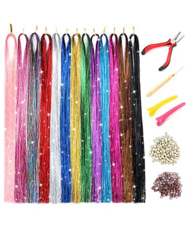 Hair Tinsel Kit 47 Inch 13 Colors Hair Tinsel Extensions With Tools 2600 Strands Fairy Hair Tinsel Heat Resistant For Women Girls Sparkling Christmas New Year Halloween Cosplay Party (13 pcs/pack) 13 Color/pack