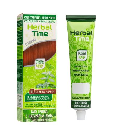 Herbal Time Henna Natural Cream Color Fire Red N 8 | Henna Coloring Cream with Nettle Extract | Gray Hair Cover | Temporary Color Dye Cream | Ammonia Free Sulfates Free Parabens Free | 75 ml Fire Red 8