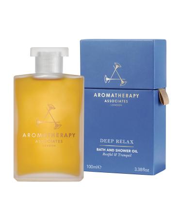 Aromatherapy Associates Deluxe Deep Relax Bath and Shower Oil 100 ml. Luxury Size with Earthy Vetivert Soothing Camomile and comforting Sandalwood