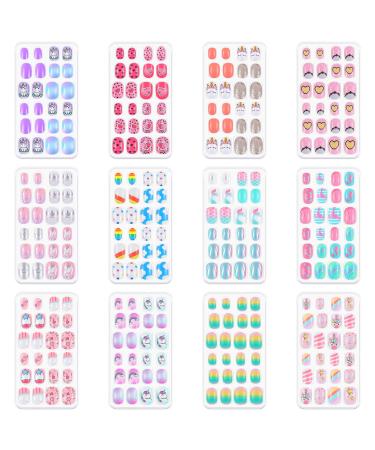 288 Pieces Kids Nails Press on Nails for Kids Mini False Nails with Designs Fake Nails Short Stick on Nails Kids Nails Set Girls for Valentine's Day Easter Nail, 12 Boxes (Cartoon Animals, Heart)