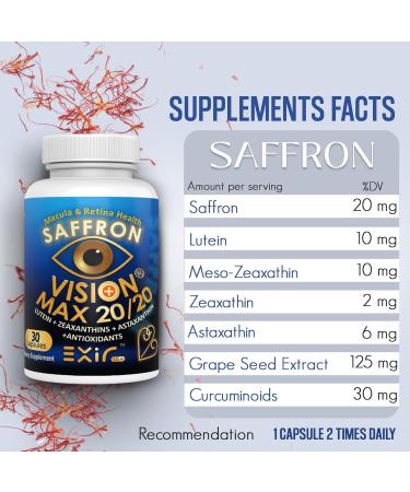 EXIR Eye Vitamin Supplement | Saffron, Curcumin, Astazanthin - Supports Eye Health, Visual Comfort & Focus, VM20-30 Capsules 30 Count (Pack of 1) - Buy Online on GoSupps.com