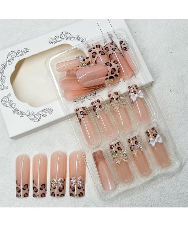 Shop Glossy Brown Leopard Print French Tip Press On Nails - 24pcs Long Square Acrylic Nails with 3D Bow Designs | Cute Full Cover Glue-On Nails for Women - Buy Online on GoSupps.com