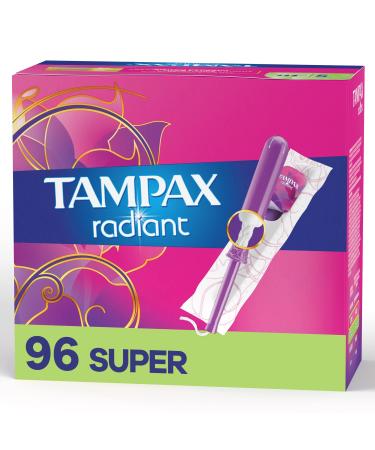 Tampax Radiant Tampons Super Absorbency, 96 Count, BPA Free Plastic Applicator and LeakGuard Braid, Unscented, White, 96 Count