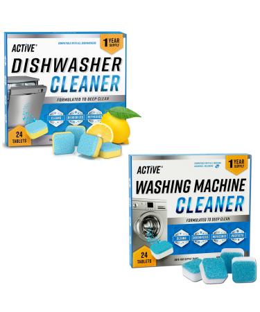 ACTIVE Washing Machine And Dishwasher Cleaning Tablets Bundle - Includes 12 Month Supply Dishwasher Cleaner Deodorizer & Washing Machine Descaler Deep Cleaning Tablets - 48 Tablet Combo