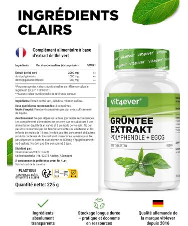 Extrait de Th Vert 300 Comprim s - Hautement Dos avec 2000 mg d Extrait de Th Vert 300 mg d EGCG et 1000 mg de Polyph nols par Dose journali re - Green Tea - Vegan - Sans additifs inutiles - Buy Online on GoSupps.com