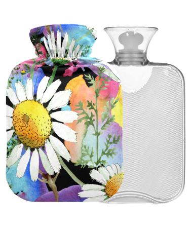 NAANLE hot water bottle with cover watercolor chrysanthemum transparent hot water bottle 2 l large warm-up bag for menstrual cramps pain relief hand foot heat and cold therapy