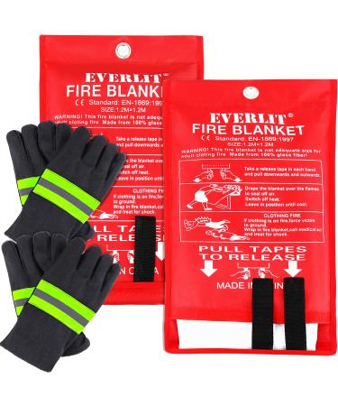 EVERLIT 2-Pack Fire Blanket Size XL 47''x47'' Fire Suppression Emergency Blanket w/Heat Resistant Gloves w/Reflective Strap for Kitchen Camping Grilling