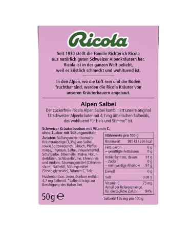 Ricola Alps Sage Herbal Candies - 50g Sugar-Free Vegan Swiss Treats with 13 Alpine Herbs & Vitamin C - Buy Online on GoSupps.com