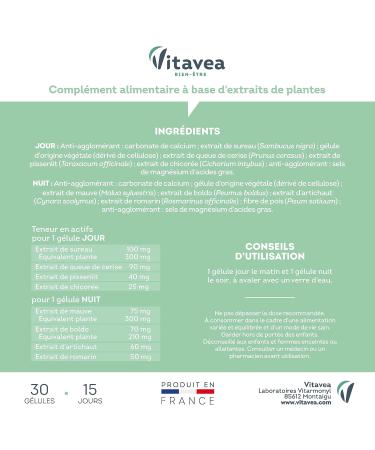 VITAVEA WELL-BEING - 24h Detox Food Supplement Day & Night - Elimination Digestion Drainage - Elderberry Chlorella Turmeric Birch Cherry Tail Artichoke - 28 tablets - Made in France - Buy Online on GoSupps.com