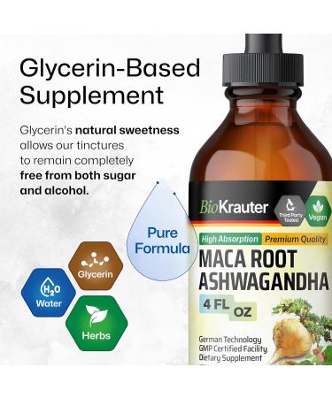 BIO KRAUTER Maca Root and Ashwagandha Tincture - Maca & Ashwagandha Supplements for Men & Women - Adaptogenic Liquid Supplement for Mood Support - Alcohol and Sugar Free Vegan Drops 4 Fl.Oz. 4 Fl Oz (Pack of 1) - Buy Online on GoSupps.com