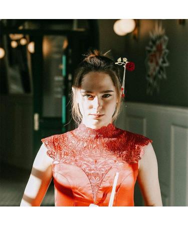 Chinese Style Rose Flower Hair Clip with Metal Leaves and Pearl Tassel - Red - Buy Online on GoSupps.com