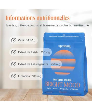 Upraising - Bright Mood | Cafe Champignon Adaptogene | Cafe Moulu + Ashwagandha + Reishi + L Theanine | Boisson Champignon Adaptogene Avec du Caf Arabica de Sp cialit | Calme Bien- tre & Balance 1 Bright Mood - Buy Online on GoSupps.com
