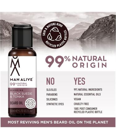 Man Alive Beard Oil for Men - 99% Natural Skincare 50ml with Oatmeal, Argan Oil, Jojoba Oil & Almond Oil - Softens Facial Hair, Ideal Men's Gift - Black Suede & Tonka Scent - Buy Online on GoSupps.com
