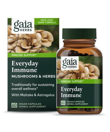Gaia Herbs Everyday Immune Mushrooms & Herbs - Immune Support Supplement to Help Aid Overall Wellness* - with Turmeric, Astragalus, Cordyceps, and Chaga Mushrooms - 60 Vegan Capsules (30-Day Supply)