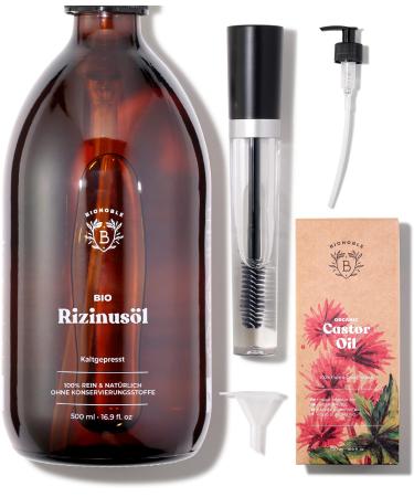 Bionoble castor oil organic 500ml - 100% pure natural cold -pressed - eyelashes eyebrows hair beard nail - vegan cruelty free - Castor Oil - glass bottle + pump + mascara kit 500ml ( + mascara) single