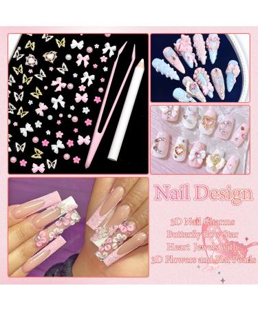 BELICEY 1000PCS 3D Nail Charms - Cute Butterfly Bow Star Heart & Moon Designs for Nail Art DIY - Includes Picker Pencil & Tweezer - Pink & White Flower Collection - Buy Online on GoSupps.com