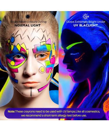 GLEEMEN Neon Face Body Paint Stick 12 Colors UV Blacklight Neon Fluorescent Face Paint with 4 templates Non Toxic Face Painting Club Makeup Art Paint Kit for Adults Kids Halloween Party Carnival 12 UV Colors - Buy Online on GoSupps.com