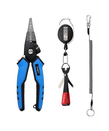 SAMSFX Aluminum Fishing Pliers Saltwater with Camo Sheath Non-Slip Rubber Grip Handles Tungsten Carbide Cutters Split Ring Hook Remover Tools Fly Fishing Gear (Blue Handle Pliers + Quick Knot Tool)